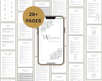 詳細な結婚式タイムラインテンプレート、20ページ以上の結婚式当日スケジュールPDF、モバイル対応の結婚式プランナー旅程表、花嫁オーガナイザー