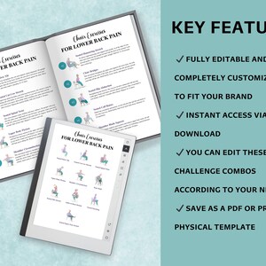 May include: An open book and a tablet display "Chair Exercises for Lower Back Pain" with illustrations. The text "Key Features" is displayed with bullet points: Fully Editable, Customizable, Instant Access, Download, Edit Combos, and Save as PDF.