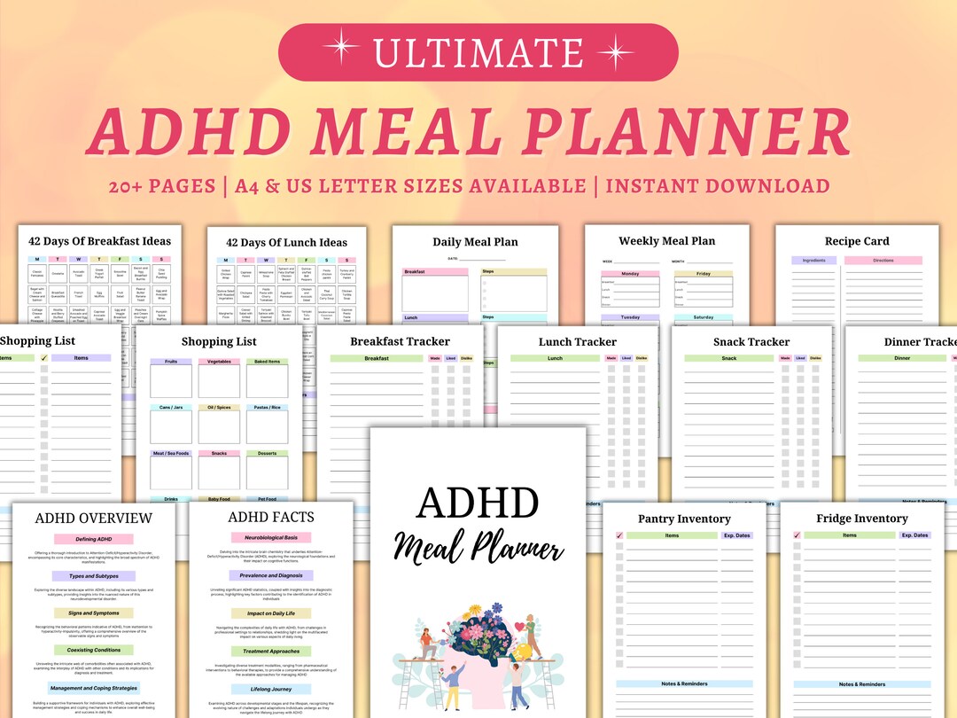 Adhd Meal Planner Printable, Shopping List, Daily Meal Plan, Weekly