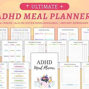 Adhd Meal Planner Printable, Shopping List, Daily Meal Plan, Weekly Meal Plan, Meal trackers, Recipe Cards, Instant Download