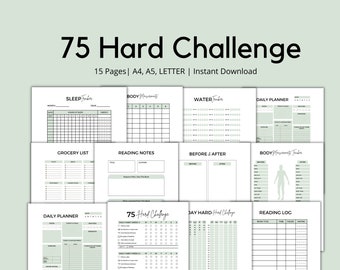75 Hard Challenge Tracker, 75 Day Challenge, 75 Medium Challenge, Habit Tracker, Daily Planner, Meal Planner, Reading Log, Pdf