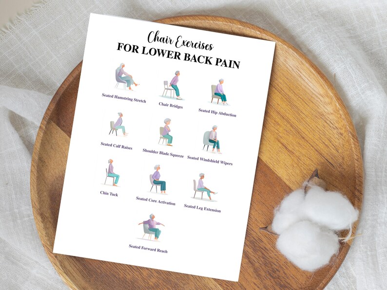 May include: A white printed sheet with the text "Chair Exercises FOR LOWER BACK PAIN" and illustrations of exercises. The sheet is on a wooden tray with a cotton flower.