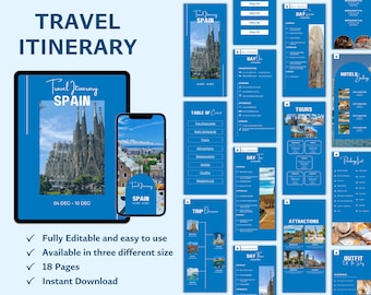 Spanje reisplansjabloon Canva, bewerkbare reisplanner, vakantieschema pdf, Instant Download