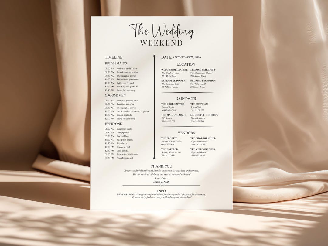 Order Time Weekend Editable Wedding Weekend Timeline Template, Wedding Day Schedule ...