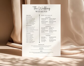 Editable Wedding Weekend Timeline Template, Wedding Day Schedule, Minimalist Order of Events, Bridesmaid's Checklist, Wedding day details