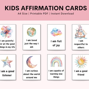 Puede incluir: Ocho tarjetas de afirmaci&oacute;n imprimibles para ni&ntilde;os con ilustraciones de acuarela de una flor, un globo terr&aacute;queo, una nube, un barco, una estrella, una luna creciente, un arco&iacute;ris y un sol. Cada tarjeta tiene una afirmaci&oacute;n impresa, como "Estoy agradecido por todas las cosas buenas de mi vida" y "Soy un buen oyente".