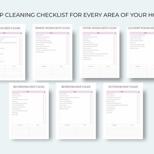 May include: A set of seven printable checklists for deep cleaning various areas of a home, including the kitchen, dining room, living room, laundry room, bathroom, bedroom, and outdoor spaces. Each checklist features a task list and space for notes.