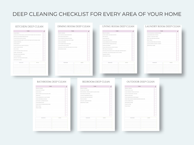 May include: A set of seven printable checklists for deep cleaning various areas of a home, including the kitchen, dining room, living room, laundry room, bathroom, bedroom, and outdoor spaces. Each checklist features a task list and space for notes.
