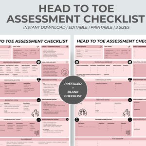 Puede incluir: Una "Lista de verificación de evaluación de la cabeza a los pies" imprimible y editable en tres tamaños. La lista de verificación rosa y blanca incluye secciones para los detalles del paciente, los signos vitales, la evaluación neurológica y más.