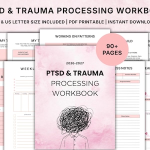 Peut inclure: Un cahier de traitement du SSPT et des traumatismes rose et blanc avec le texte "PTSD & TRAUMA PROCESSING WORKBOOK" et "90+ PAGES". Le cahier comprend un planificateur quotidien, des priorités hebdomadaires et d'autres sections pour l'auto-réflexion.