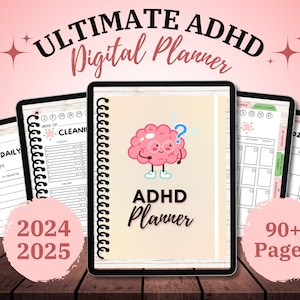 May include: A digital planner for people with ADHD. The cover features a cartoon brain with glasses and a question mark. The planner includes daily, weekly, and monthly pages, as well as sections for goal setting, habit tracking, and more. The planner is available in both 2024 and 2025 versions. It has over 90 pages.