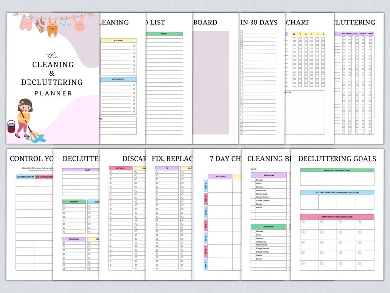 May include: A printable cleaning and decluttering planner with a pink and white colour scheme. The planner includes sections for daily cleaning, decluttering goals, and a 7-day cleaning schedule.
