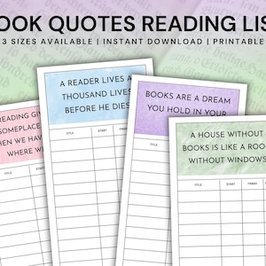 Book Quotes Reading List Printable: Book Lover&#39;s Journal (PDF Downloadable Template A4/US Letter/A5 Sizes)