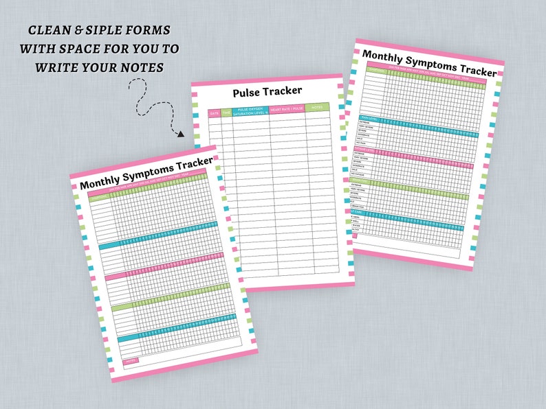 May include: Three printable trackers for tracking monthly symptoms, pulse, and notes. The trackers are designed with pink, green, and blue borders and have a grid layout.