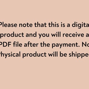 Puede incluir: Texto sobre un fondo rosa claro que dice: "Tenga en cuenta que este es un producto digital y recibir&aacute; un archivo PDF despu&eacute;s del pago. No se enviar&aacute; ning&uacute;n producto f&iacute;sico."