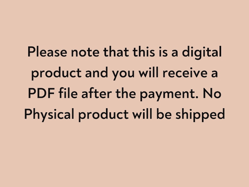 Puede incluir: Texto sobre un fondo rosa claro que dice: "Tenga en cuenta que este es un producto digital y recibir&aacute; un archivo PDF despu&eacute;s del pago. No se enviar&aacute; ning&uacute;n producto f&iacute;sico."