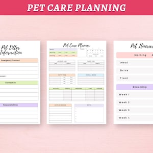 May include: Printable pet care planning checklist with sections for pet sitter information, a daily planner, and a weekly itinerary. The checklist includes sections for emergency contact, contact us, responsibilities, time outside, potty time, sleep time, overall mood, activity, treats, medicine, and notes.