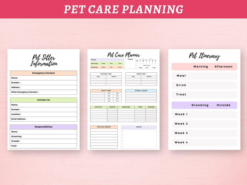 May include: Printable pet care planning checklist with sections for pet sitter information, a daily planner, and a weekly itinerary. The checklist includes sections for emergency contact, contact us, responsibilities, time outside, potty time, sleep time, overall mood, activity, treats, medicine, and notes.