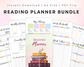 Book Reading Planner Bundle Printable, Reading Planner, Book Review Journal Book Summary, Printable Bookshelf Reading Tracker