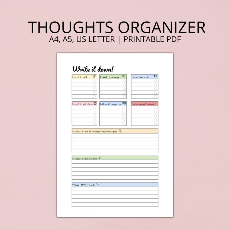 Brain Dump Printable, Thought Organizer, A4, A5, Letter, Printable PDF ...