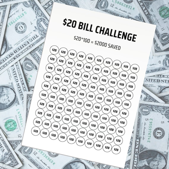 20 Dollar Bill Challenge, Printable Savings Challenge, Savings Tracker, Digital Download