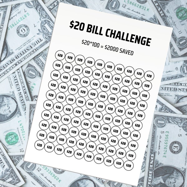 20 Dollar Bill Challenge, Printable Savings Challenge, Savings Tracker, Digital Download