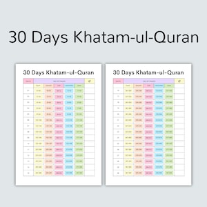May include: A printable chart for a 30-day Khatam-ul-Quran challenge. The chart is divided into 30 days, with columns for the Juz, page numbers, and a checkmark for completion.