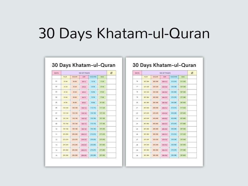 May include: A printable chart for a 30-day Khatam-ul-Quran challenge. The chart is divided into 30 days, with columns for the Juz, page numbers, and a checkmark for completion.