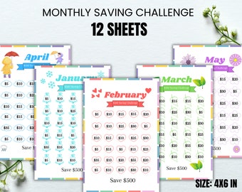 12 Monthly Savings Challenge Bundle, Money Challenge, A6 Mini Savings Challenge Bundle, Savings Tracker Printable, Instant Download