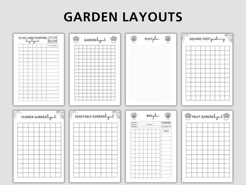 K&ouml;nnte beinhalten: Druckbare Gartenplanungsvorlagen mit Titeln wie "72 Cell Seed Starting Layout", "Garden Layout", "Plot Plan", "Square Foot Gardening", "Flower Garden Layout", "Vegetable Garden Layout", "Bed Plan" und "Fruit Garden Layout".