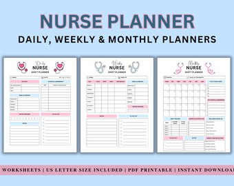 Nurse Planner Printable Bundle, Daily Weekly Monthly Nurse Planner, Nursing Shift Planner, Healthcare Worker Planner, Med Pass Sheet