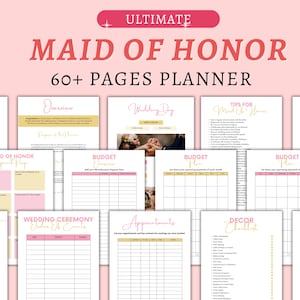 May include: A pink and gold printable planner for a maid of honor. The planner has 60+ pages and includes sections for duties, tips, budget, wedding day, ceremony order, appointments, decor checklist, and photography checklist.