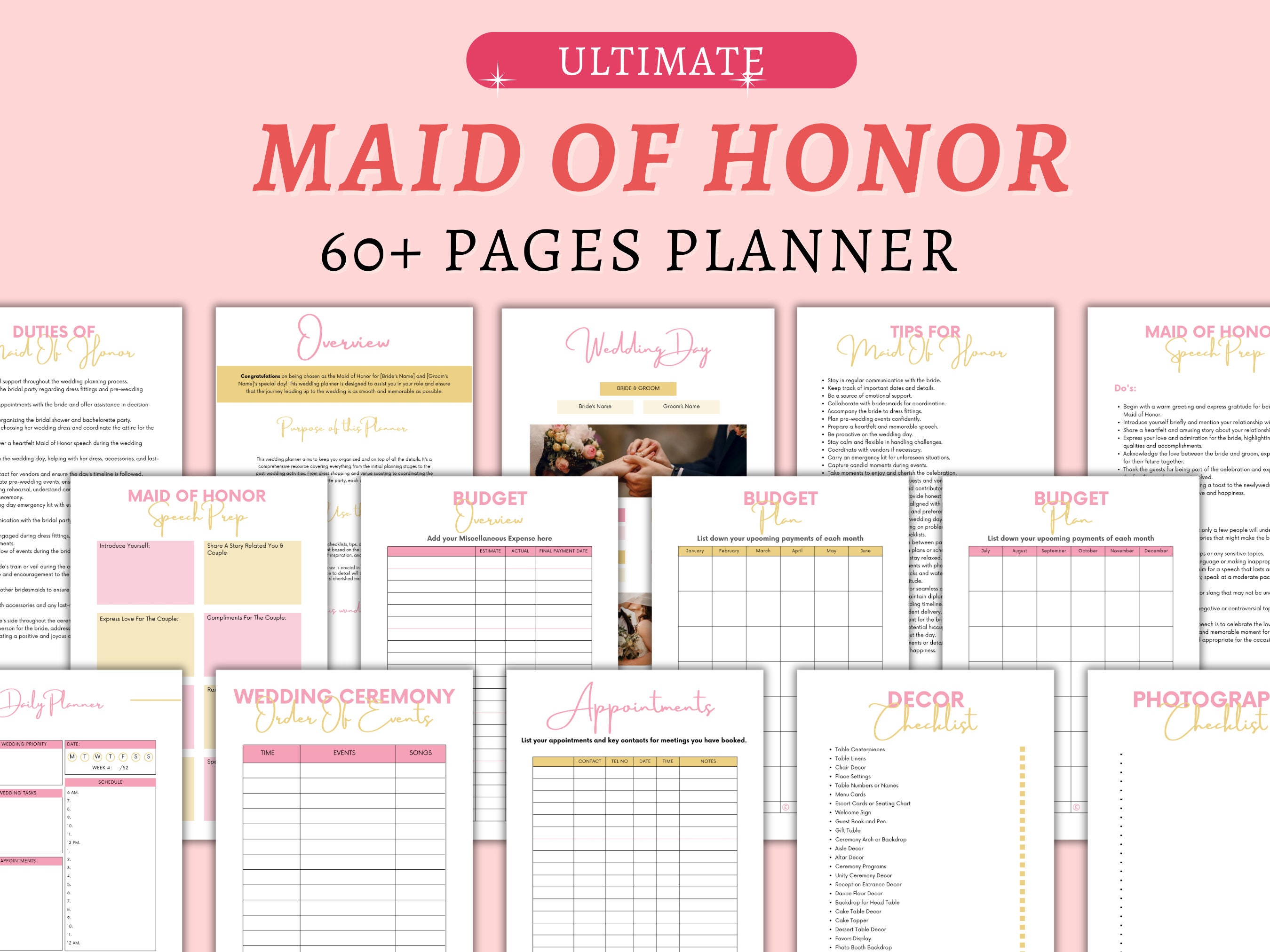 Maid of Honor Planner, 60pg Honor Wedding Planner Bundle, Binder Book, Hen Party Planner, Bachelorette Party Planning, Wedding Binder