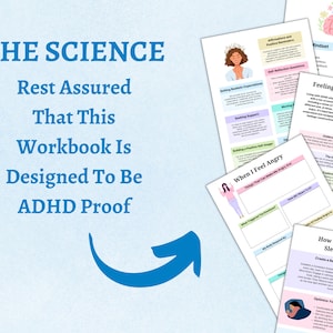 Puede incluir: Una flecha azul apuntando hacia la derecha, con el texto "THE SCIENCE Rest Assured That This Workbook Is Designed To Be ADHD Proof" encima. La imagen tambi&eacute;n muestra varias p&aacute;ginas de un libro de trabajo con t&iacute;tulos como "When I Feel Angry", "Feeling Different and Angry", "How To Get A Good Sleep At Night" y "Growth Mindset".