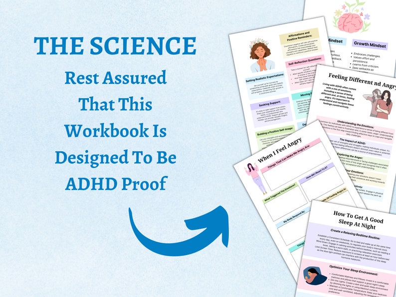 Puede incluir: Una flecha azul apuntando hacia la derecha, con el texto "THE SCIENCE Rest Assured That This Workbook Is Designed To Be ADHD Proof" encima. La imagen tambi&eacute;n muestra varias p&aacute;ginas de un libro de trabajo con t&iacute;tulos como "When I Feel Angry", "Feeling Different and Angry", "How To Get A Good Sleep At Night" y "Growth Mindset".