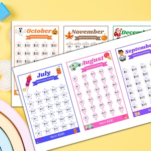 May include: A set of printable monthly savings charts for kids. Each chart features a different theme and color scheme, with a goal of saving $500. The months included are July, August, September, October, November, and December.