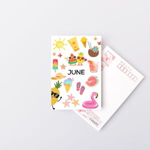 May include: A white postcard with a colorful illustration of summer icons, including a pineapple, watermelon, ice cream, sunglasses, and a flamingo float. The text "JUNE" is printed in black at the center of the postcard.
