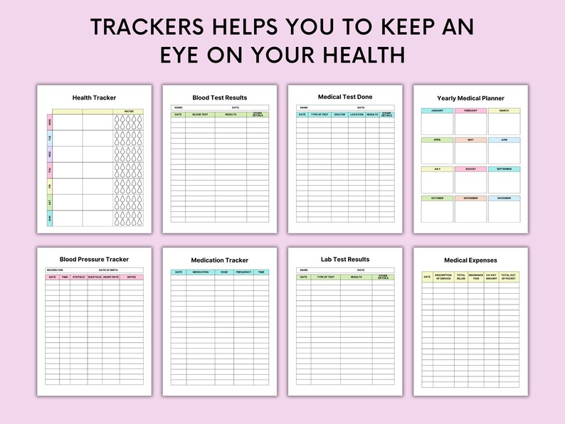 May include: A collection of printable health trackers on a pink background. The trackers include sections for health, blood test results, medical tests, and yearly medical planning. The text at the top reads "TRACKERS HELPS YOU TO KEEP AN EYE ON YOUR HEALTH."
