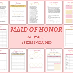 May include: A printable Maid of Honour planner with pink and gold accents. The planner includes sections for duties, tips, budget, appointments, colour palette, the shower, and an emergency checklist. The planner is available in three sizes.