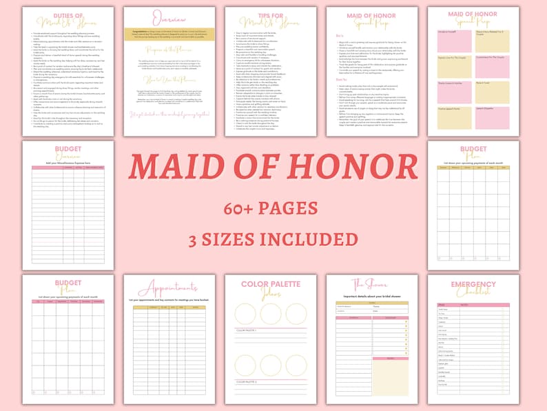 May include: A printable Maid of Honour planner with pink and gold accents. The planner includes sections for duties, tips, budget, appointments, colour palette, the shower, and an emergency checklist. The planner is available in three sizes.