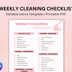 May include: A printable weekly cleaning checklist with a pink background and a pink and white paintbrush icon. The checklist includes daily, weekly, and monthly tasks for the bedroom, living room, kitchen, and bathroom.