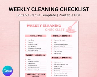 Editable Weekly Cleaning Checklist, Cleaning Schedule, Printable Cleaning To Do List, Customizable Weekly Cleaning Planner