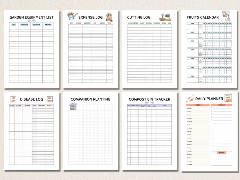 May include: Printable garden planner pages with illustrations of gardening tools and plants. The pages include sections for garden equipment list, expense log, cutting log, fruits calendar, disease log, companion planting, compost bin tracker, and daily planner.