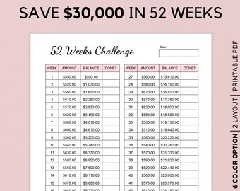 52 Week Savings Challenge, 30,000 Savings Challenge Tracker, Money challenge, Instant Download Pdf, A4, A5, Letter