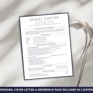 May include: A white resume template with a navy blue border, featuring the name "DANIEL CARTER" at the top. The document includes sections for professional summary, core skills, experience, education, and certifications. Text at the bottom reads "RESUME VERSIONS, COVER LETTER, & REFERENCE PAGE INCLUDED IN 2 DIFFERENT SIZES."