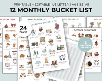 12 Monthly Bucket List Printable | 24 Pages | Aesthetic Bucket List for Each Month | 2 Versions Included | Seasonal Activities Checklist