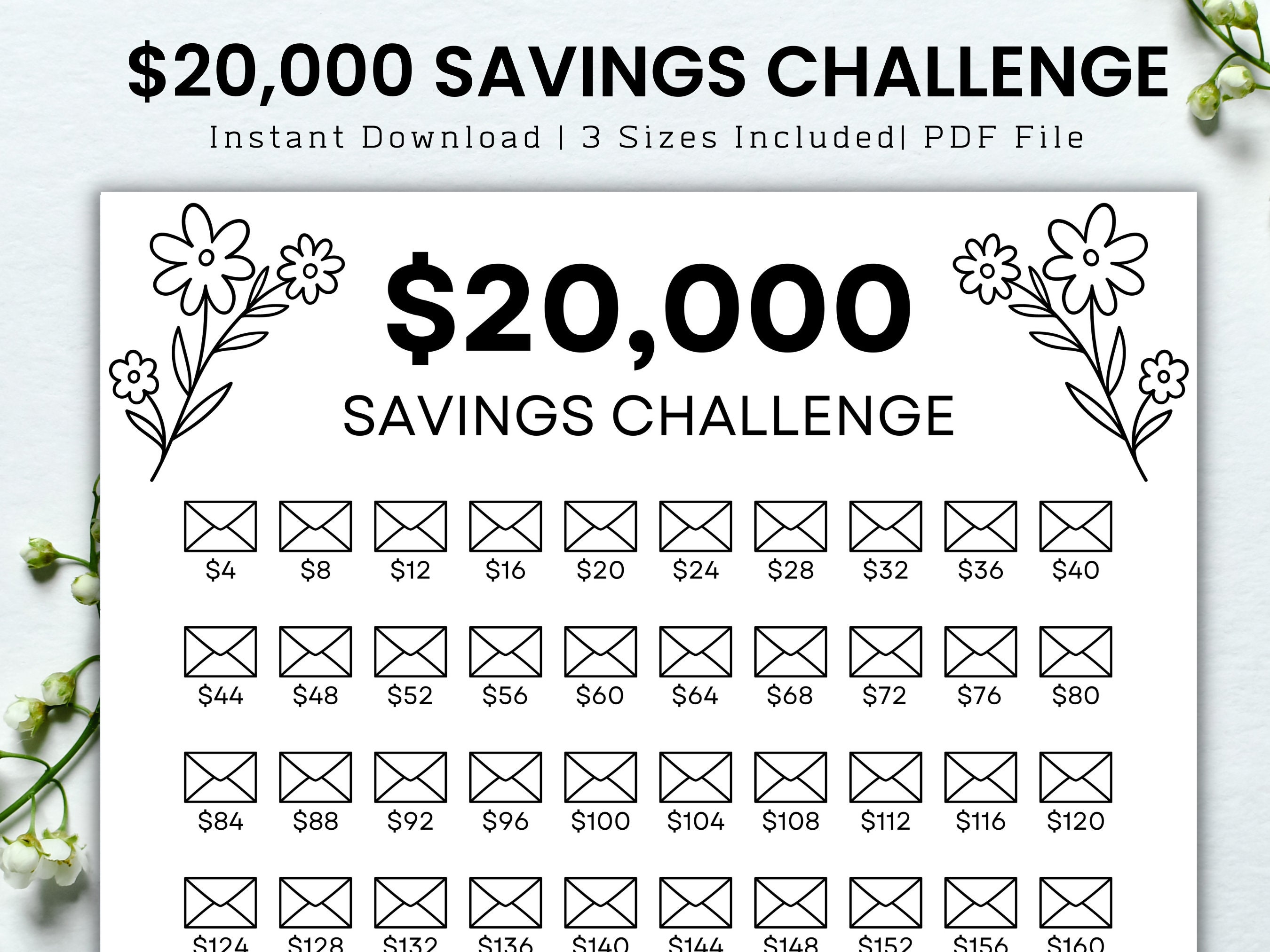 20000 Savings Challenge Printable, 100 Envelope Challenge