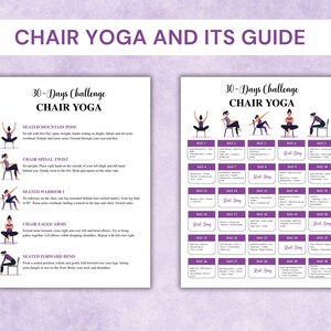 May include: Two white pages with purple accents, featuring text and illustrations for a 30-day chair yoga challenge. The left page details poses like Seated Mountain and Spinal Twist. The right page is a calendar.