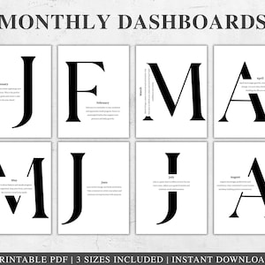 May include: A set of eight white printable monthly dashboard prints. Each print features a large black letter representing a month, with a brief description below. The text "MONTHLY DASHBOARDS" is at the top.