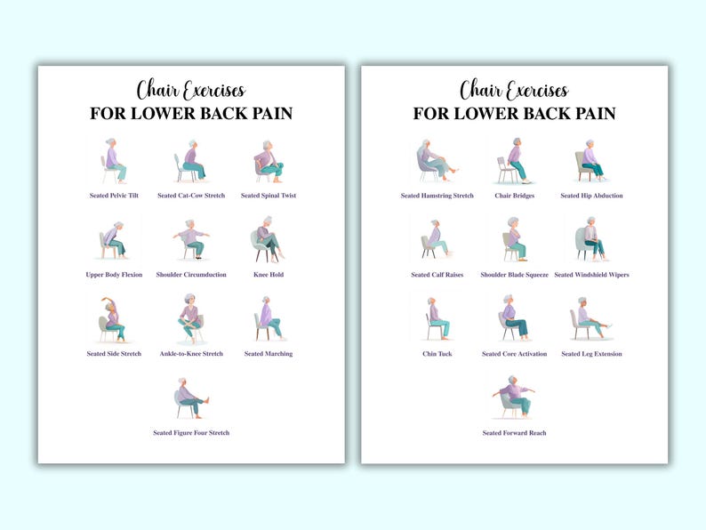 May include: Two white posters with illustrations of chair exercises for lower back pain. Each exercise is demonstrated with a person in a chair. Text at the top reads "Chair Exercises FOR LOWER BACK PAIN".
